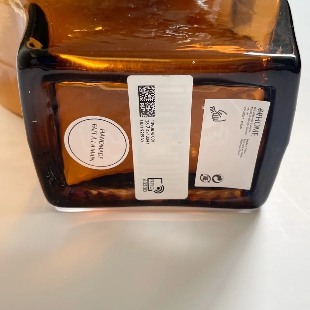 H&M Home Amber Wavy Sculptural Handmade Glass Vase NWT